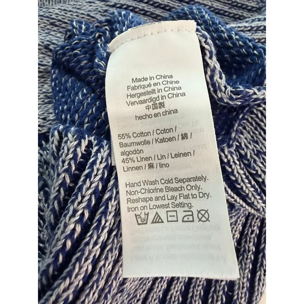 JCrew Blue White Cotton Linen Marl Knit Sweater XXS Crewneck Pullover Split Hem